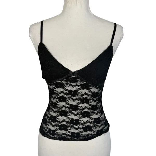 Black Lace Cami Womens XS Floral Sheer Mesh Bow V-Neck Adjustable Y2K Goth Top - Image 2