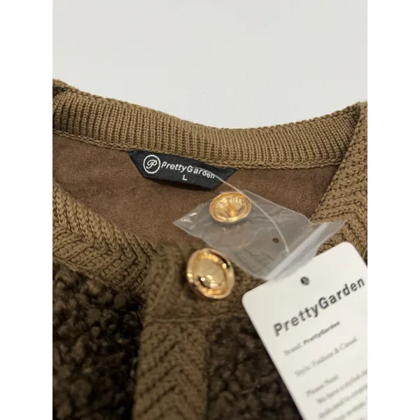 PrettyGarden Brown Sherpa Fleece Cardigan Gold Button Knit Trim Jacket Size L - Image 3