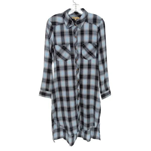 Democracy Plaid Flannel Dress Womens S Blue Distressed Hem Coastal Cowgirl Boho - Image 3