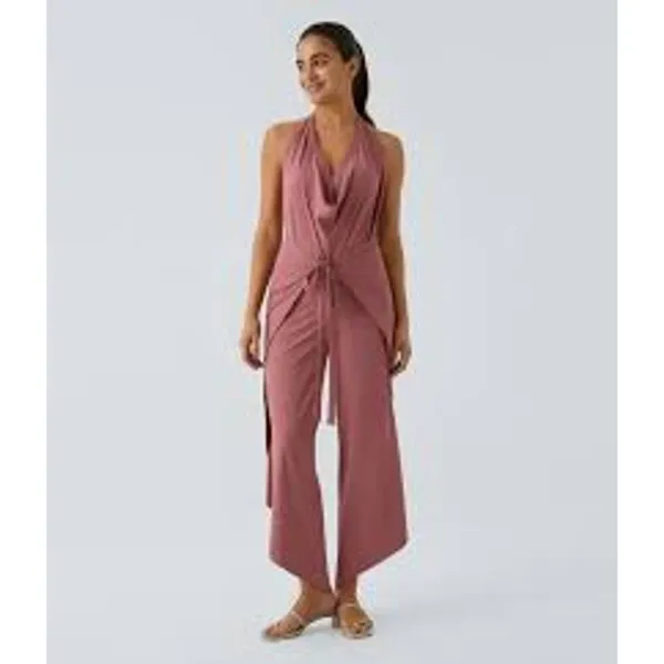 HALARA High Waisted Tie Front PANTS OR JUMPSUIT Size XL Light Rose Red - Image 3