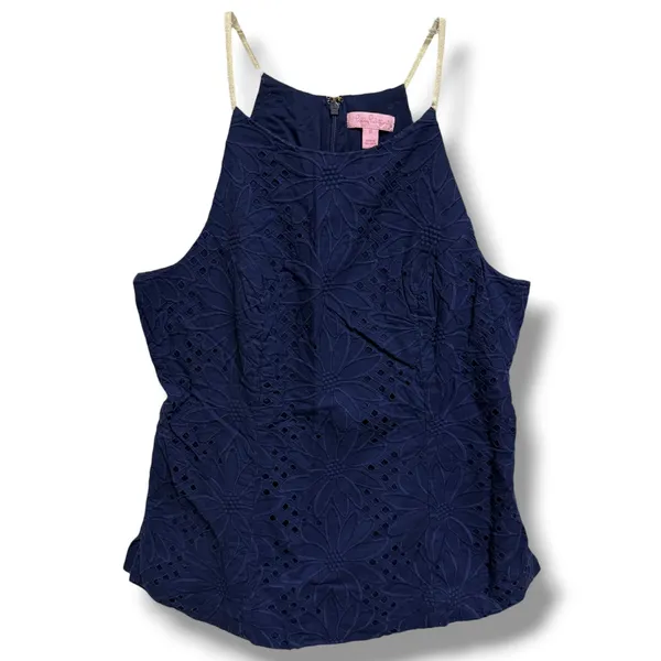 Lilly Pulitzer Annabelle Top Size 10 True Navy Jumbo Sunflower Eyelet Halter - Image 6