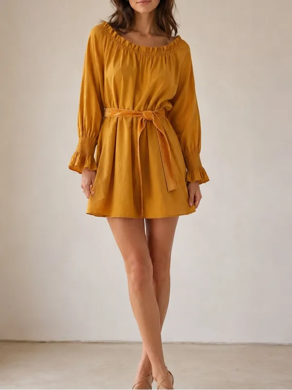 DOEN Miro Golden Hour Mustard Smocked Neck Waist Tie Boho Cottagecore Mini Dress - Image 10