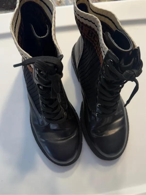 BCBG Black Knit-Shaft Combat Boots with Brown and Cream Trim Womens 6.5 - Image 2