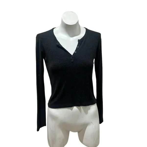 Brandy Melville Women's Black Henley Long Sleeve Button-Up Top M - Image 5