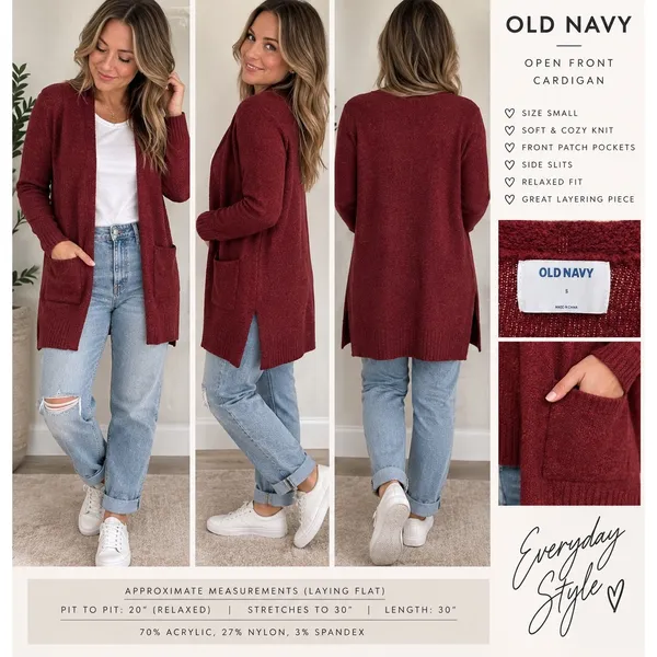 Old Navy Burgundy Open Front Long Cardigan Sweater Size Small - Image 3