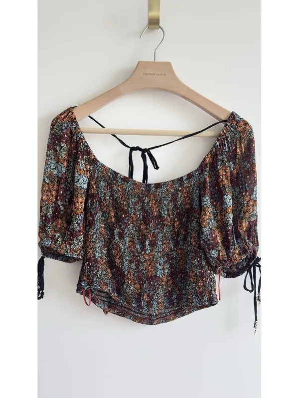 Free People Boho Smock Back On Top Multicolor Floral Puff Sleeve Crop Top Sz S - Image 8