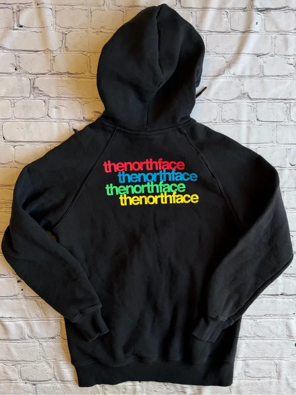 The North Face Womens Medium Hoodie Sweatshirt Rainbow Logo Spell Out EUC Pride - Image 2