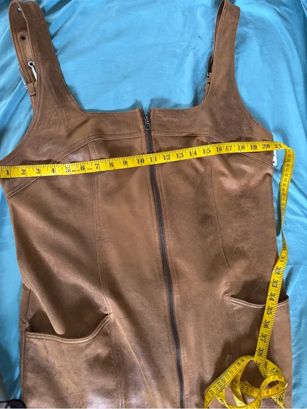 Free People Tan Faux Leather Pinafore Dress with Front Zip - Image 8