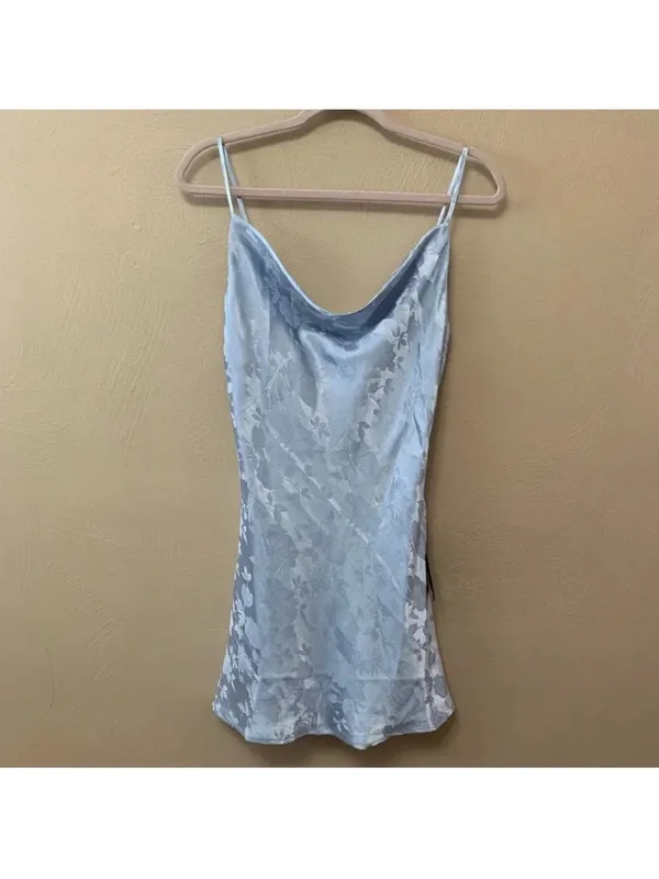 Lulus Close to Your Heart Dusty Blue Satin Jacquard Cowi Slip Dress Size L - Image 4