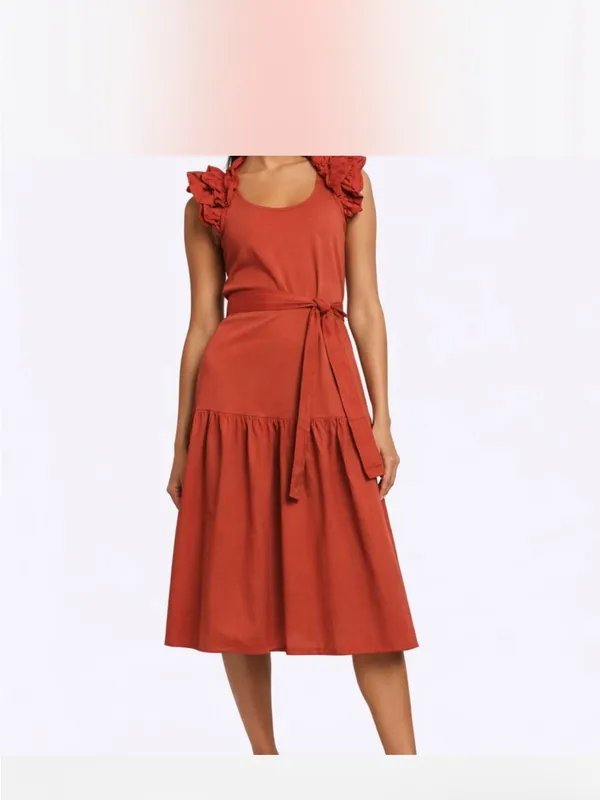 Nation size XL Ruffle Sleeve Tiered Midi Dress Burnt Orange guest minimal party - Image 12
