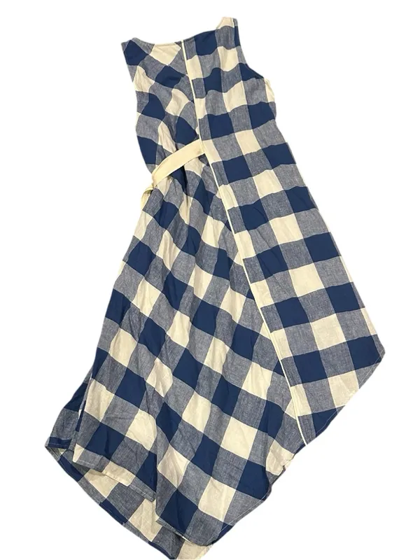 Maeve Anthro Blue White Checkered asymmetrical dress sleeveless Cotton Linen Sp - Image 6