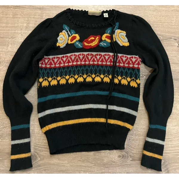 Vintage Embroidered Floral Fair Isle Sweater Womens Medium Black Good Boho - Image 3