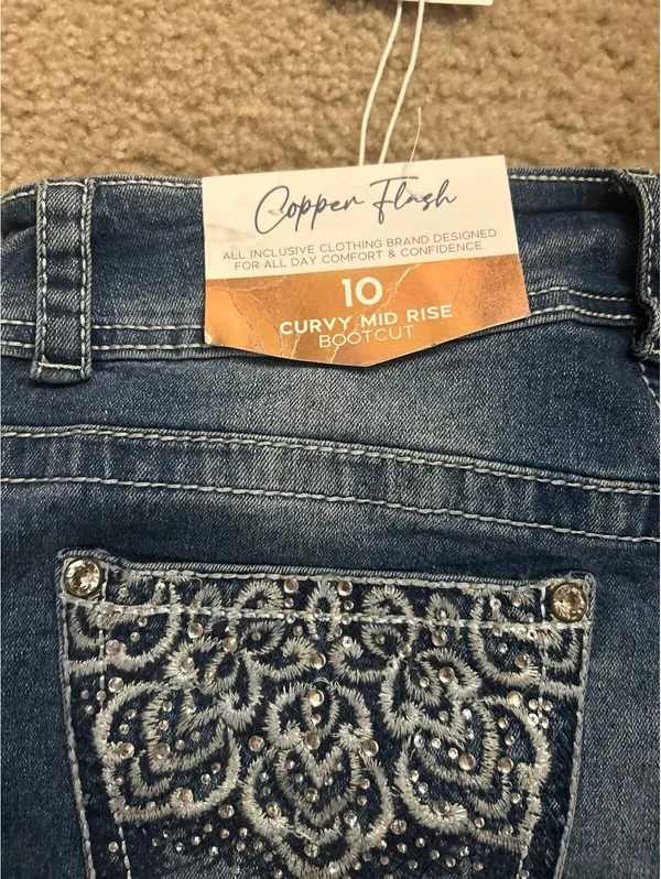 E281 copper flash 10 curvy mid rise bootcut jeans sparkle cute comfy - Image 8