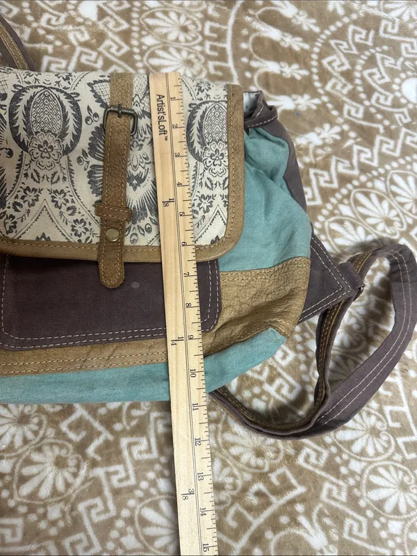Myra Bag Teal, Brown & Cream Floral Flap Backpack - Image 6