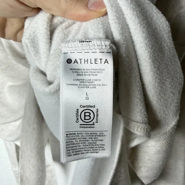 Athleta Heathered Beige Soft V-Neck Long Sleeve Sweatshirt Top Women's size L - Image 5