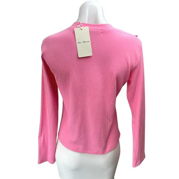 NEW Ma Cherie Pink Rib Knit Long Sleeve Aymmetric Zipper Cutout Sweater Top Sz L - Image 2