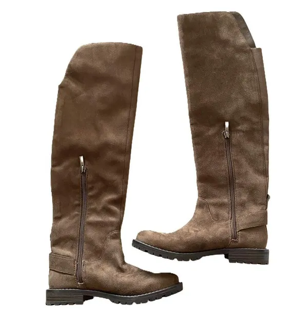 EUC G H BASS India Over the Knee Brown Faux Suede Flat Boots with Buckle Sz 5.5 - Image 9