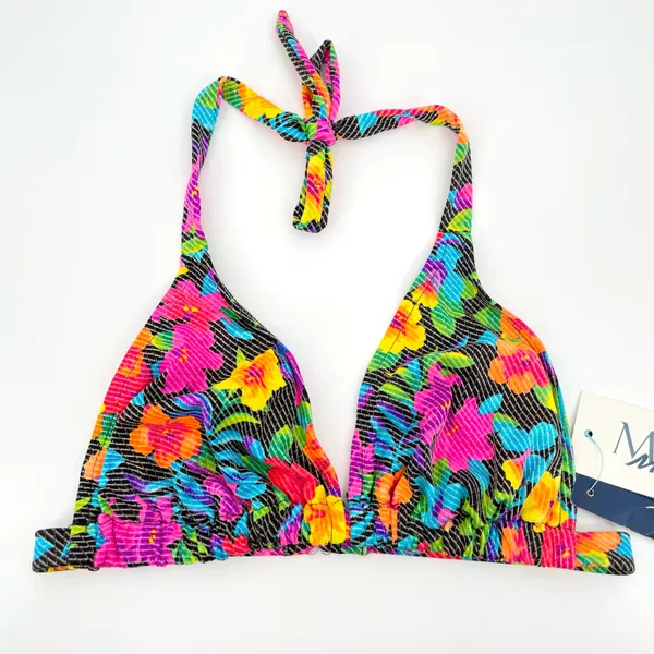 Vintage 90s Bright Matari Mixems Neon Floral Rainbow Triangle Bikini Halter Top Size L - Image 2