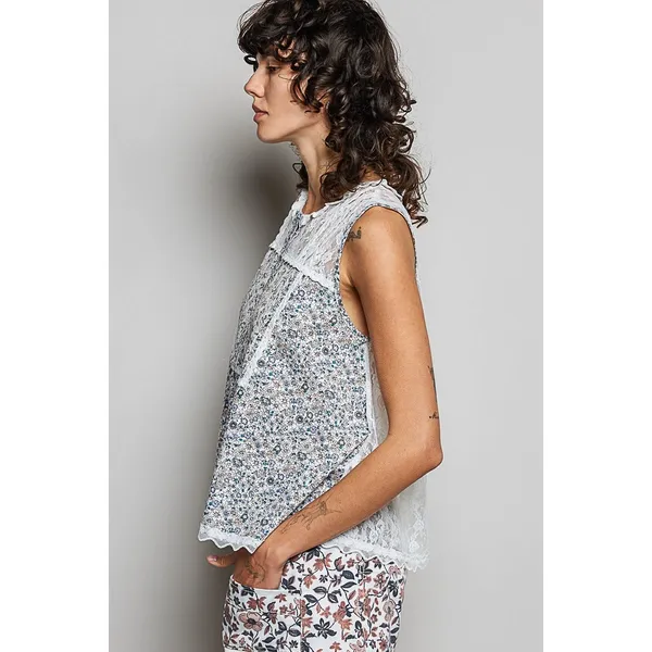 POL Printed Woven Lace Back Round Neck Sleeveless Top - Medium - Image 3