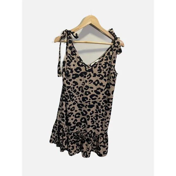 Karlie Leopard Tie Shoulder Ruffle Bottom Dress Womens S Tan Black Animal‎ Print - Image 2