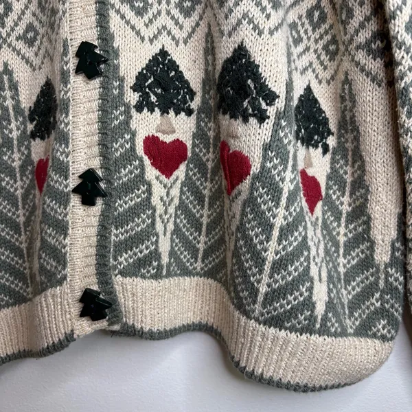 Woolrich Tree Heart Print Sweater S‎ Ramie Cotton Button Cardigan Outdoorsy - Image 4
