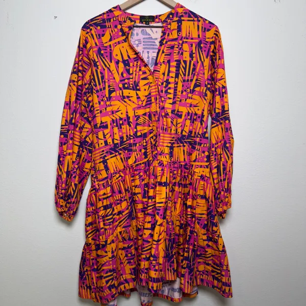 Diyana Women African Print Dress‎ Orange Pink Abstract Tiered Bohemian Artsy - Image 2