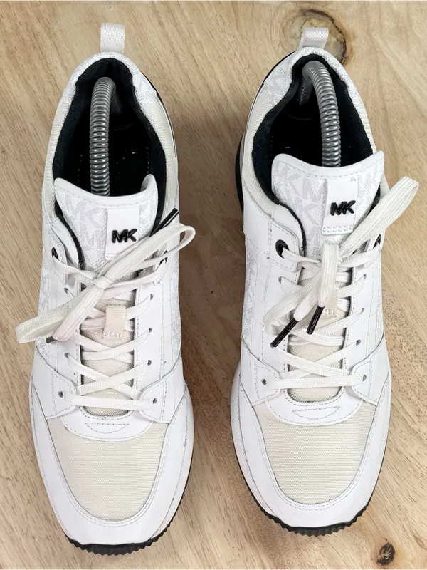 Michael Kors Georgie Logo Wedge Heel Leather Mid Top Sneakers White Black 8.5 - Image 4