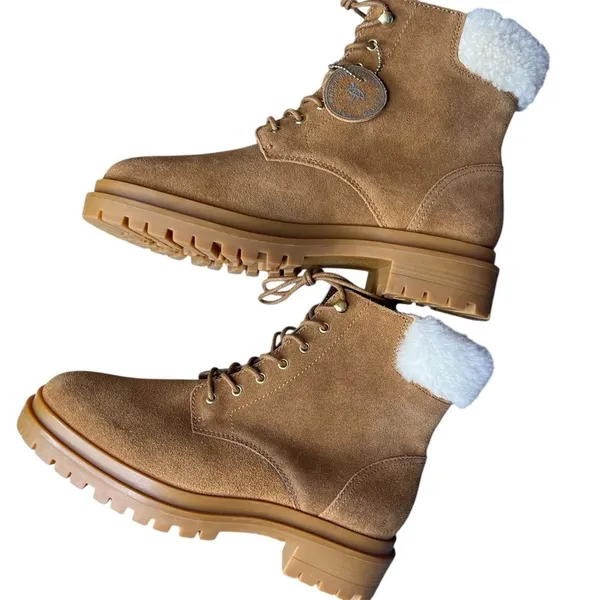 Lauren Ralph Lauren Carlee suede tan combat lace-up boots fauxshearling 8.5 New - Image 5