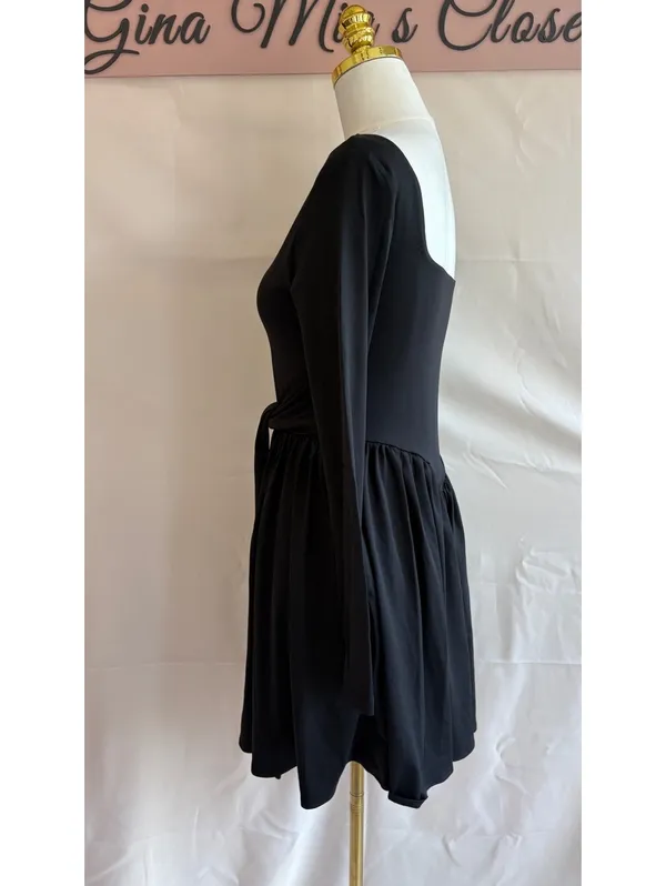 Black Long Sleeve Fit and Flare Dress with Square Neck and Waist Tie, Size Small - Image 3