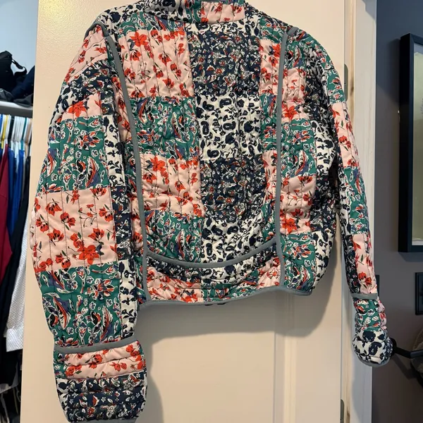 Quilted Floral Boho Cropped Jacket XL Blue - Image 5