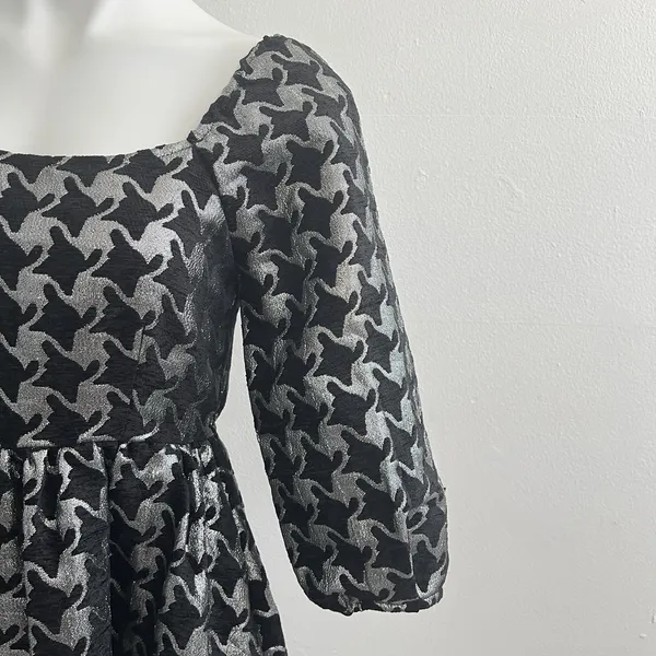NEW Anthropologie Balloon Sleeves Dress XSMALL DAMASK houndstooth Silver Black - Image 4