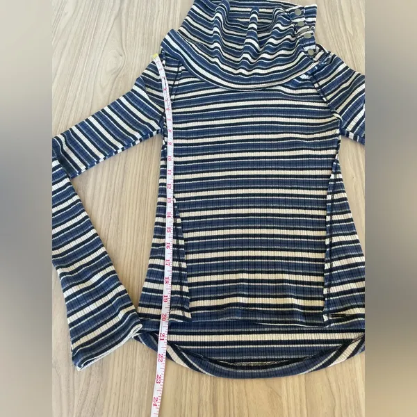 Free People Navy and Cream Striped Turtleneck Sweater - Image 6