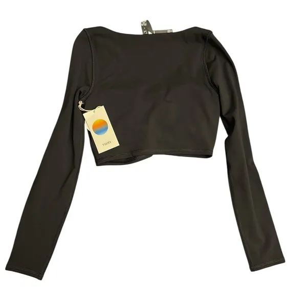 Vuori Long Sleeve Ruched Bra Black Crop Top Soft Stretch Workout Gym Top Small - Image 3