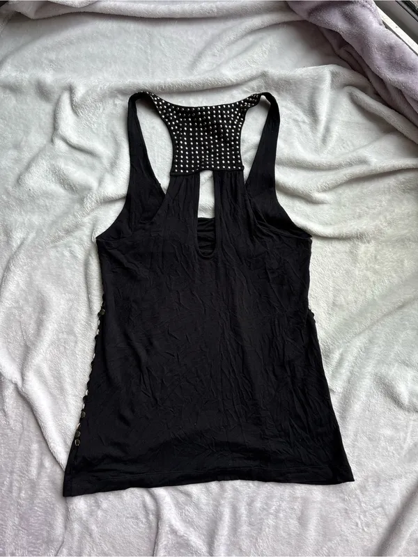 BeBe Black Studded Sequin embellished Racerback Tank Top with Sequin Panel - Image 3