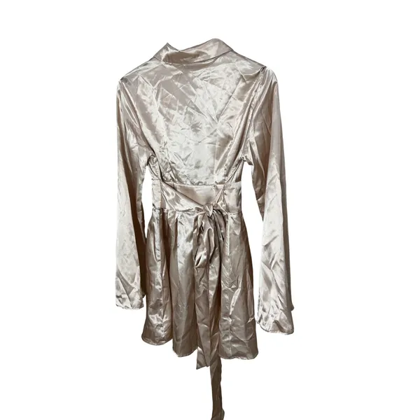 Cider Women Champagne Beige Satin Long Flared Sleeve Shirt Mini‎ Dress Size S - Image 9