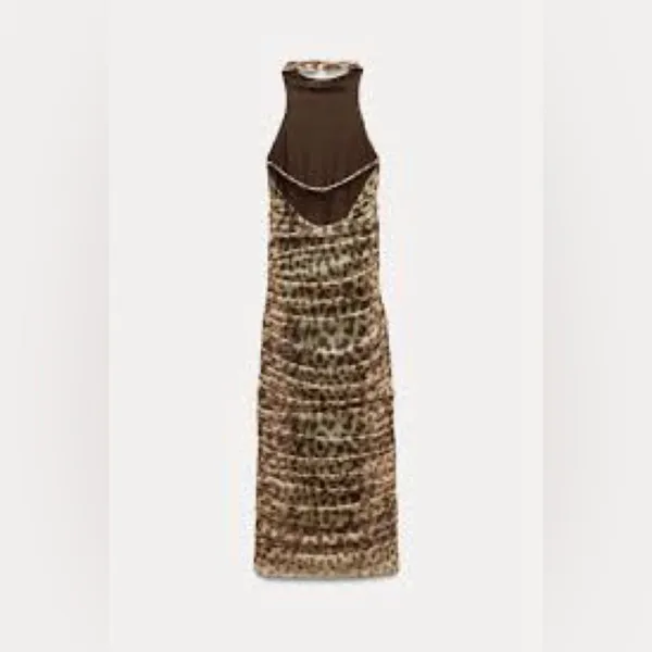 NWT Zara animal print leopard tulle ruched dress large - Image 5