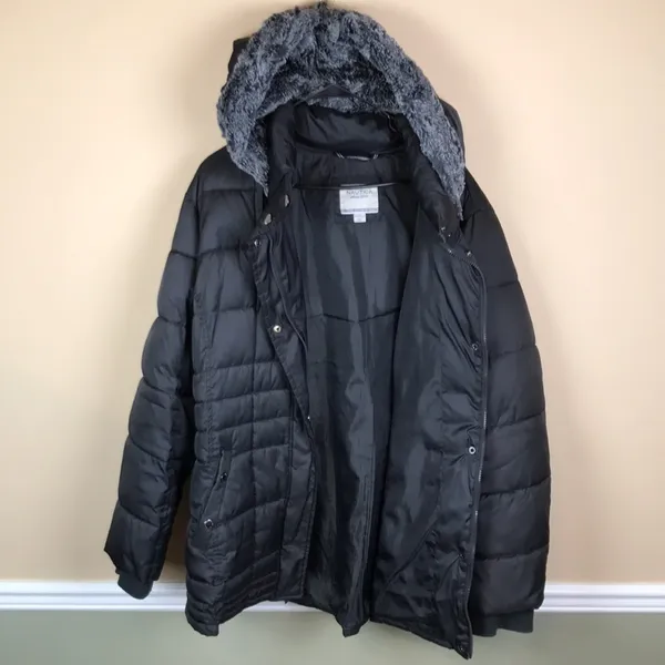 Nautica Women’s Black Puffer Faux Fur Hood Zipper Button-Up Fall Winter Jacket - Image 8