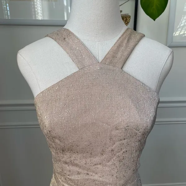 Lulus Metallic Gold Halter Grecian Neck Flowing Chiffon Formal Gown Dress S - Image 3