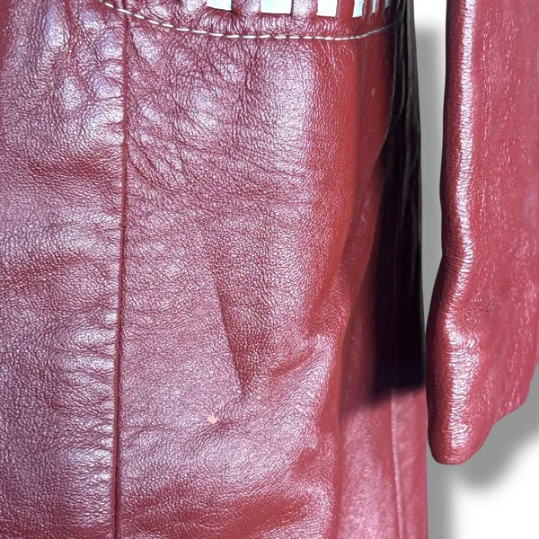 Vintage 70s Burgundy Leather Longline Trench Coat White Whipstitch Western Ranch - Image 4