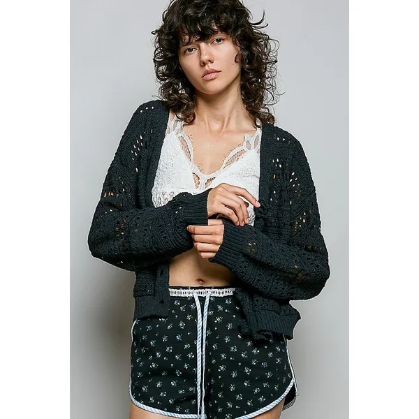 POL Open-Knit Floral Button‎ Cardigan - Small - Image 2