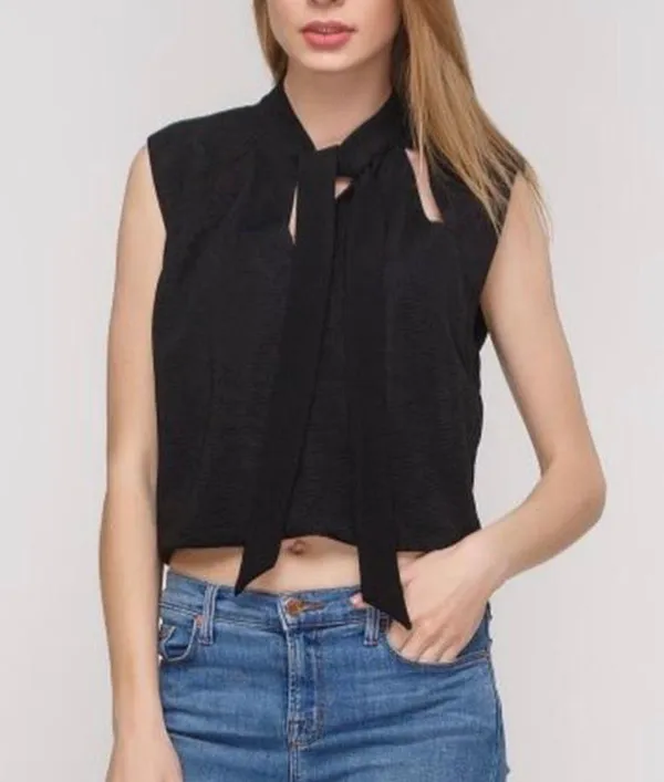 Zara Slit Front Cap Sleeve Cropped Tie Neck Top Black Size Small 5410/234/800 - Image 4