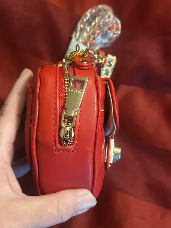 Bebe Red Quilted Heart Crossbody Bag with Gold Chain Charms - Image 5