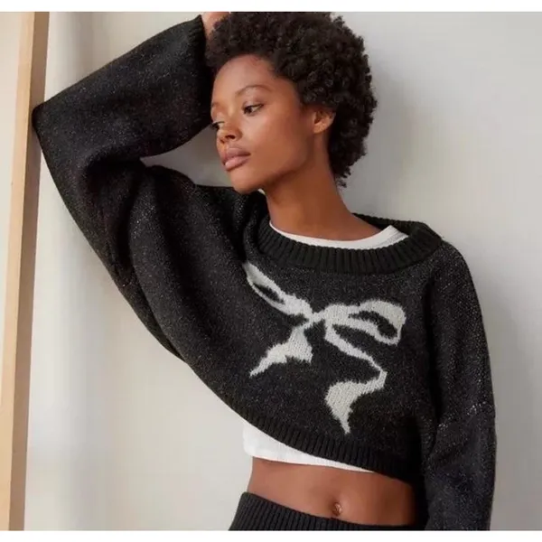 Out From Under Cropped Knit Sweater Black Bow Graphic UO Size L OVERSIZED - Image 8