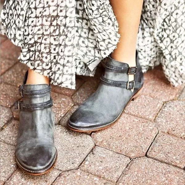 Free People Braeburn Distressed Gray Leather Ankle Boots 37 Double Buckle Strap - Image 15