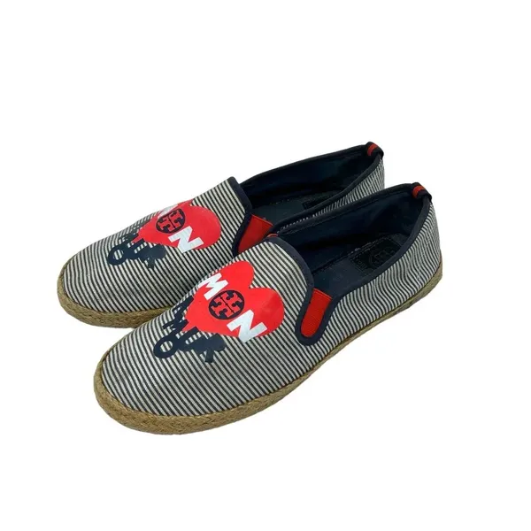 Tory Burch Mon Amour Navy Blue Red Stripe Heart Espadrille Flats‎ Size 10 - Image 3