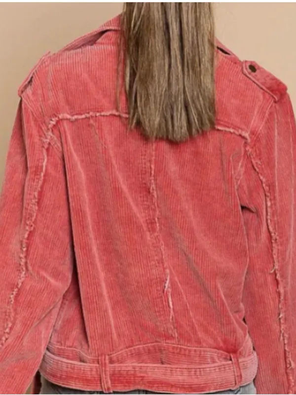 POL Coral Pink Corduroy Belted Moto Jacket - Image 2