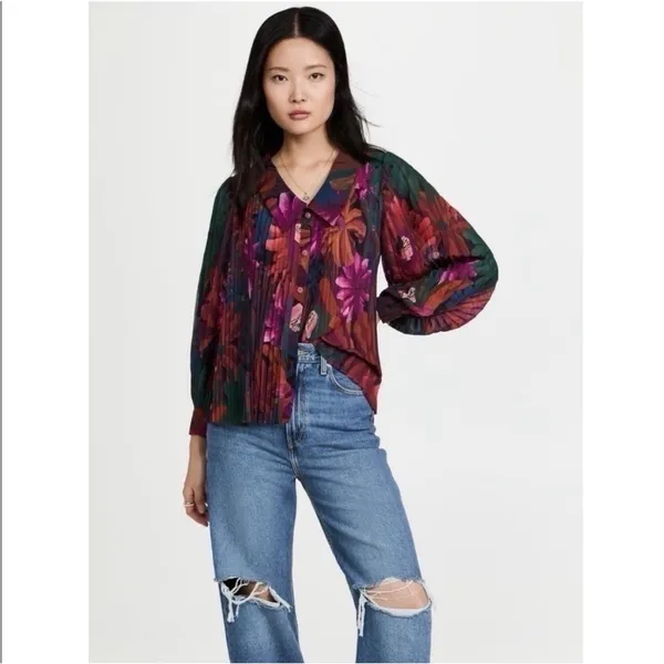 NEW Farm Rio Women’s Bird Flowers Pleated Shirt Multicolor - Image 4