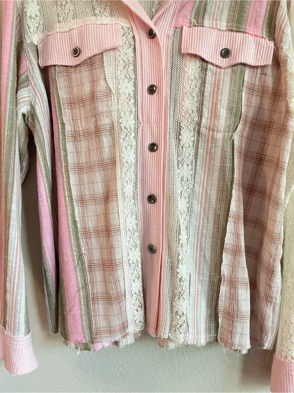 POL Patchwork Plaid LaceRelaxed Hooded Shirt Jacket Size Small - Image 6