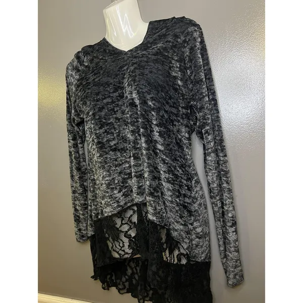 Vine Street Tunic Top Womens Medium Gray Velour Hooded Lace Hem Long Sleeve - Image 6