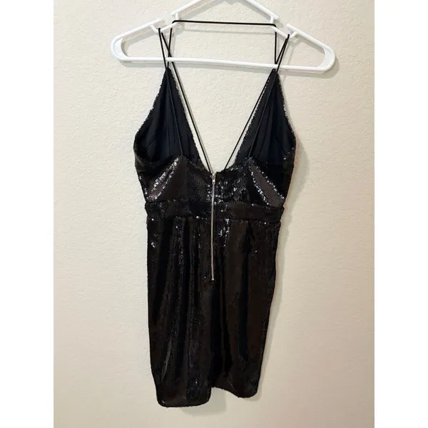 PrettyLittleThing Black Sequin Plunge Mini Dress Size 2 - Image 3